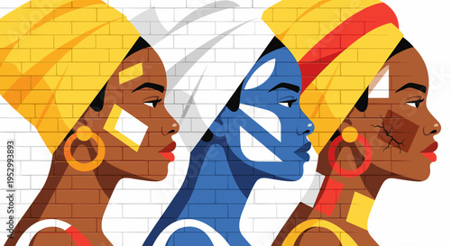 Three stylized portraits of women with colorful head wraps, featuring a modern flat design and cultural themes