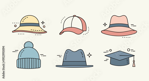 A collection of six stylish hats in a minimalist, flat design, perfect for fashion and accessory themes
