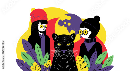 A vibrant illustration featuring two women with glasses and a black panther, surrounded by colorful leaves and abstract shapes