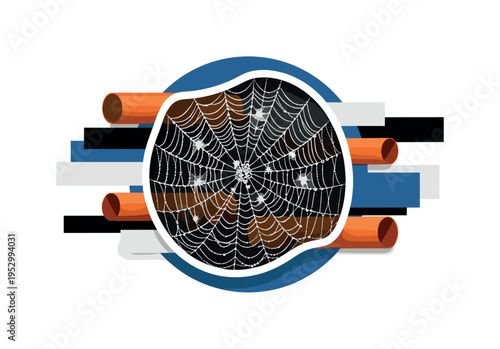 monochrome spider web with dew droplets highlighted, white contour cut-out effect, deep blue circular frame and orange cylindrical shapes layered around,