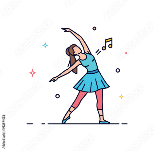 Stage rehearsal moment dancer stretching gracefully with small music note accent nearby, expressing preparation, discipline, and artistic focus. Minimalist