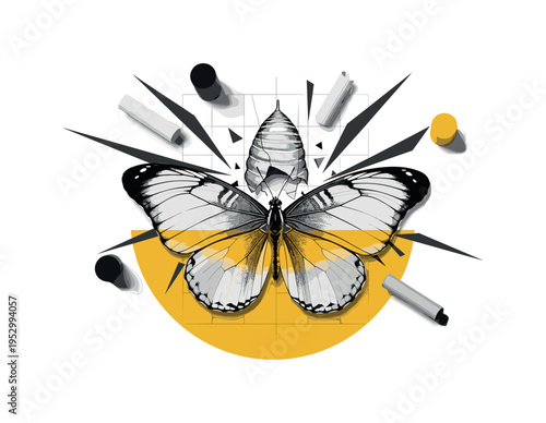monochrome butterfly emerging from cracked cocoon, oversized and centered, framed by large mustard yellow semicircle and charcoal angular shards radiating