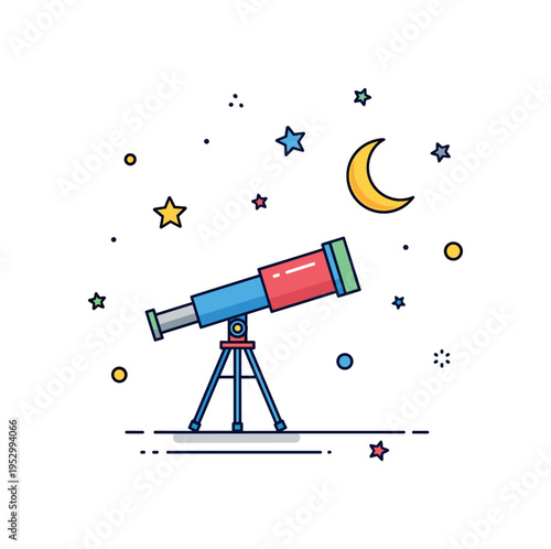 Amateur astronomy night observation showing a simple telescope on a tripod with a crescent moon and scattered stars above, conveying peaceful stargazing and
