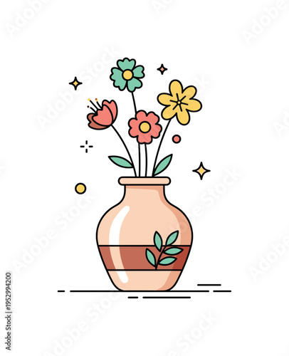 Handcrafted pottery vase with flowers showcasing an artisan style ceramic container holding a few expressive blossoms, representing creativity and handmade