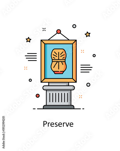 Museum preservation scene with a framed artifact displayed on a pedestal expressing conservation, education, and cultural responsibility. A short word Preserve