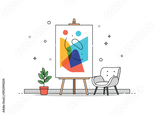 Contemporary home decor with abstract art centered on a bold geometric canvas paired with a small plant and modern chair, symbolizing creative living spaces.