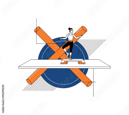 black and white retro 90s style step aerobics scene with headband and leggings, central composition on rectangular platform, deep blue geometric circle