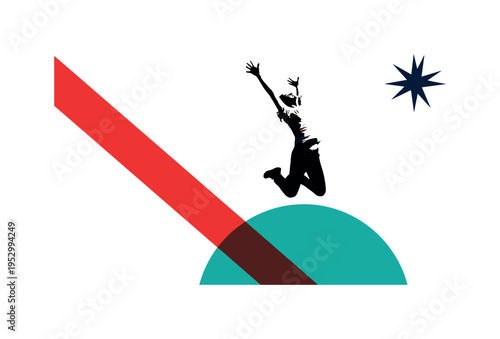 Black and white figure mid-jump with arms extended toward the top of the frame, vivid teal half circle supporting the lower ground area, bright red diagonal