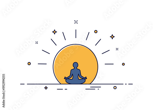 Bright horizon wellness and mindfulness scene featuring a seated meditation silhouette facing a radiant sunrise disk, symbolizing clarity, balance and inner