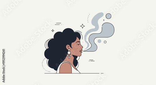 A stylized illustration of a woman with curly hair, exhaling smoke in a minimalist design
