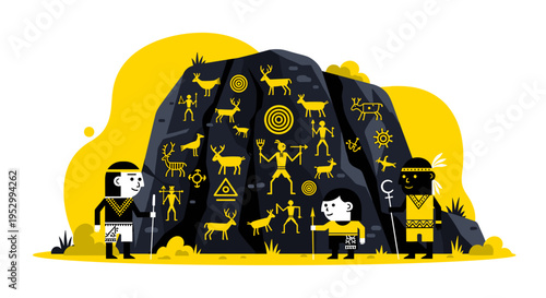 A vibrant illustration depicting ancient rock art with figures and animals, featuring a modern flat design style