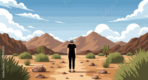 A person standing in a desert landscape with mountains and clouds, illustrated in a modern flat style