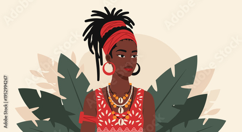 A portrait of a woman with natural hair, adorned in colorful jewelry, set against tropical leaves in a modern flat style