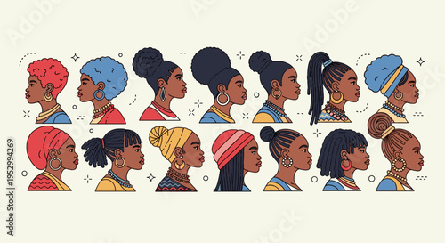 A diverse collection of female profile illustrations showcasing various hairstyles and accessories in a modern, flat style