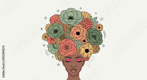 A vibrant illustration of a woman's head adorned with colorful flowers, featuring a modern, flat design style