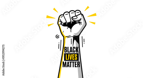 A raised fist symbolizing solidarity, featuring bold text 'Black Lives Matter' in a modern graphic style