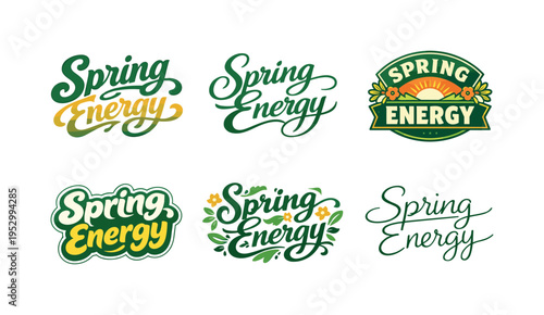 Spring Energy. Set lettering. harmonious lettering variations of the same emblematic concept, each with different artistic interpretation (Bold hand-lettering
