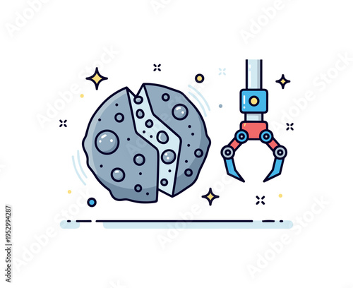 Extraterrestrial mineral extraction badge showing a stylized asteroid split with shiny metal deposits and a robotic claw highlighting efficiency and