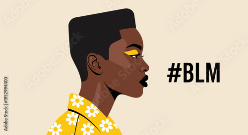 A stylized illustration of a woman with bold makeup and a floral shirt, showcasing modern aesthetics and social activism