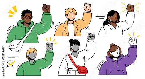 A diverse group of people celebrating with raised fists, illustrated in a modern flat style, ideal for social themes