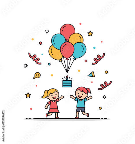 Birthday party balloons cluster floating above two playful children symbolizing excitement and carefree fun. Confetti dots and ribbon curls add motion and