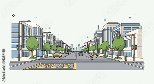 A vibrant city street scene featuring buildings, trees, and vehicles in a minimalist style, ideal for urban design themes
