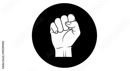 A bold illustration of a raised fist in a circular black background, showcasing a minimalist style