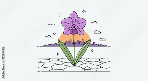 A vibrant orchid flower stands against a stylized city skyline and sunset, featuring a minimalist line art style