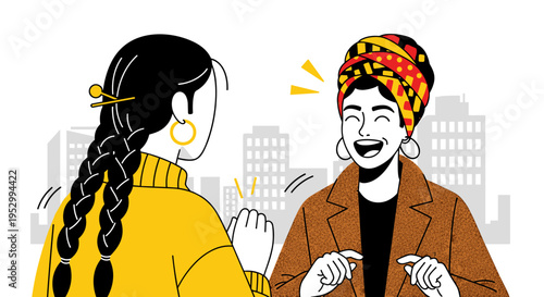 Two women engaging in a lively conversation against a city backdrop, featuring a modern flat design style