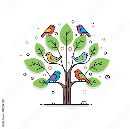 Tree canopy with colorful birds centered on layered leaf shapes forming a natural frame around perched birds, symbolizing biodiversity and ecological harmony.