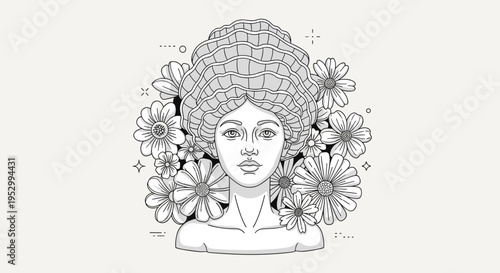 A detailed line art illustration of a woman surrounded by flowers, featuring a modern minimalist style
