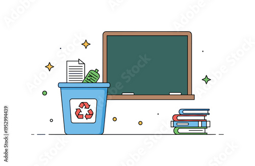 School recycling corner featuring a clearly labeled bin with paper and plastic icons next to a simple chalkboard, symbolizing education about sustainability