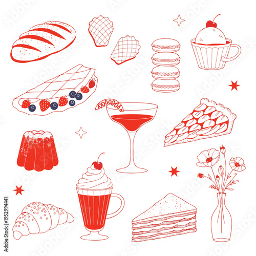 A colorful illustration of various desserts and sweet treats arranged in a visually appealing composition on a white background