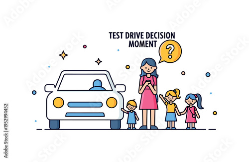 Test drive decision moment family standing beside a simple car outline with subtle question mark accent, conveying excitement mixed with careful consideration.
