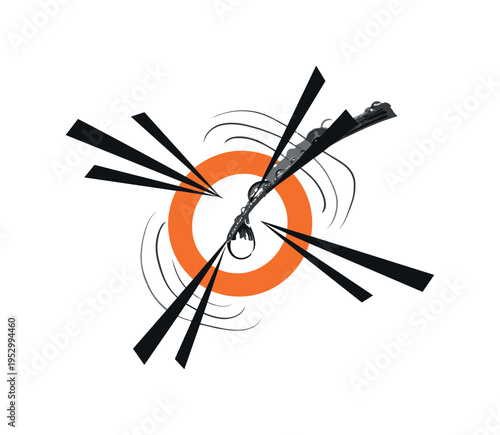 black and white close-up of dew drop falling from leaf tip, orange circular halo and black geometric bars surrounding, thin curved lines suggesting motion,