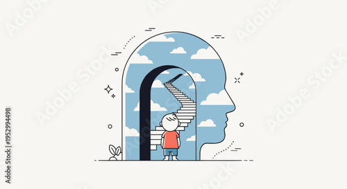 A person standing inside a large head silhouette, with stairs leading up to a sky filled with clouds, in a modern flat style