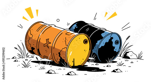 Two colorful oil barrels, one orange and one black, illustrated in a modern, flat style with grass elements