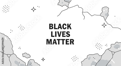 A bold graphic featuring the phrase 'Black Lives Matter' surrounded by abstract shapes, in a modern minimalist style