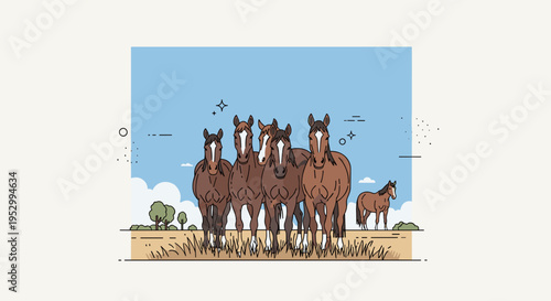 A group of five horses standing in a grassy field, illustrated in a minimalist and modern style