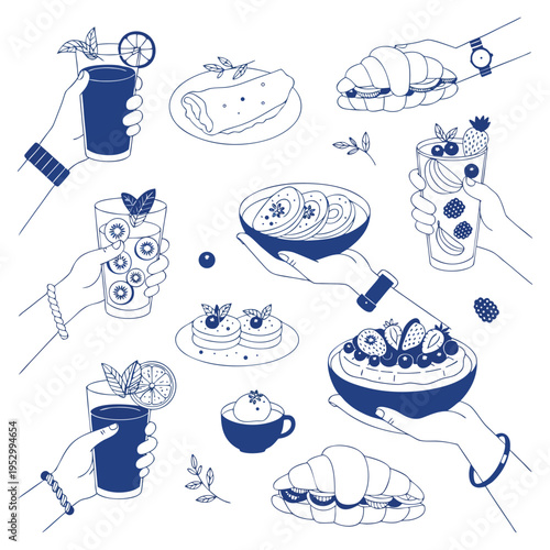 A collection of various blue and white tableware and dishware items on a plain background