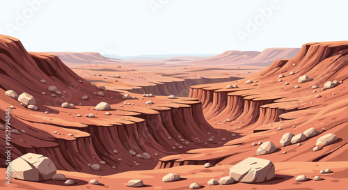 A vast desert landscape featuring rugged cliffs and scattered boulders in a flat, modern illustration style