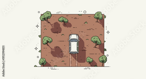 An aerial view of a car parked on a dirt road surrounded by trees in a minimalist style
