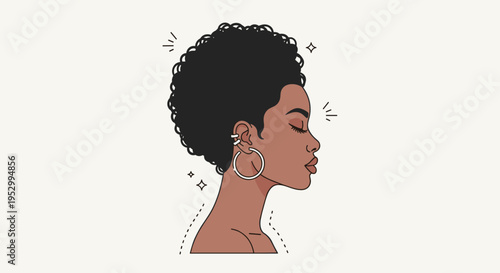 A stylish profile illustration of a woman with short curly hair and hoop earrings, featuring a modern flat design