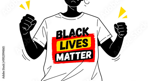 A person wearing a shirt with the text 'Black Lives Matter' in bold colors, illustrated in a modern, graphic style