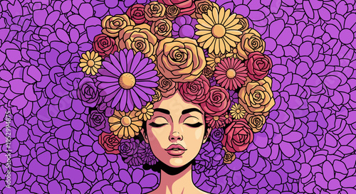 A vibrant illustration of a woman with floral hair, featuring a colorful array of roses and daisies in a modern, artistic style