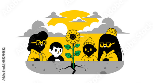 A vibrant illustration featuring four diverse characters nurturing a sunflower, in a modern flat style, symbolizing growth and community