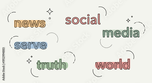 A modern, colorful typography illustration featuring keywords related to media and communication in a playful style