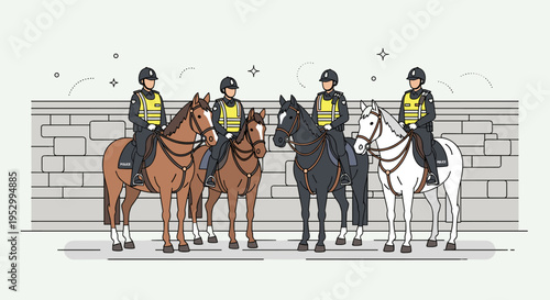 A group of mounted police officers on horseback, illustrated in a modern flat style, suitable for law enforcement themes