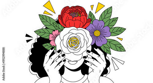A vibrant illustration of a woman holding flowers, featuring a modern, flat design style with bold colors