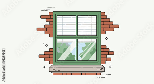 A stylized illustration of a green window with blinds, surrounded by a brick wall, in a modern flat design